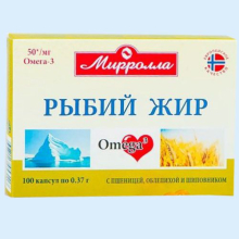 МИРРОЛЛА РЫБИЙ ЖИР ПИЩЕВОЙ МАСЛО ПШЕНИЦА+ШИПОВНИК+ОБЛЕПИХА 370МГ. №100 КАПС.