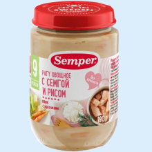 СЭМПЕР ПЮРЕ 190Г. ОВОЩНОЕ РАГУ+СЕМГА+РИС 9+МЕС. [SEMPER] (Детское питание)